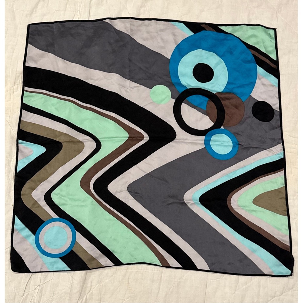Echo Silk Scarf Square Large Geometric Abstract Circles Turquoise Green Black